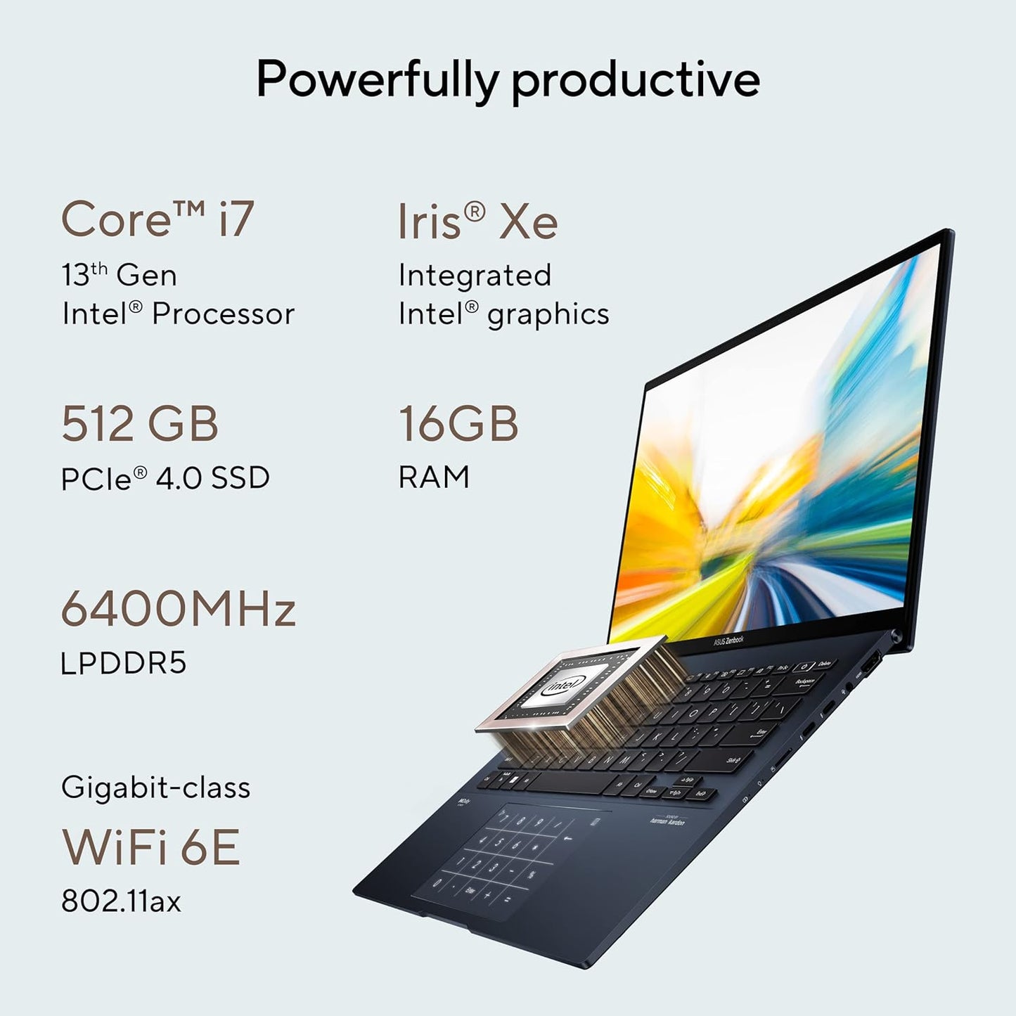 ASUS ZENBOOK 14 OLED (2023), INTEL CORE I7-1360P 13TH GEN, 14" (35.56 CM) 2.8K 90HZ OLED, THIN & LIGHT LAPTOP (16GB/512GB SSD/IRIS XE/WIN 11/OFFICE 2021/75W BATTERY/BLUE/1.39 KG), UX3402VA-KN741WS