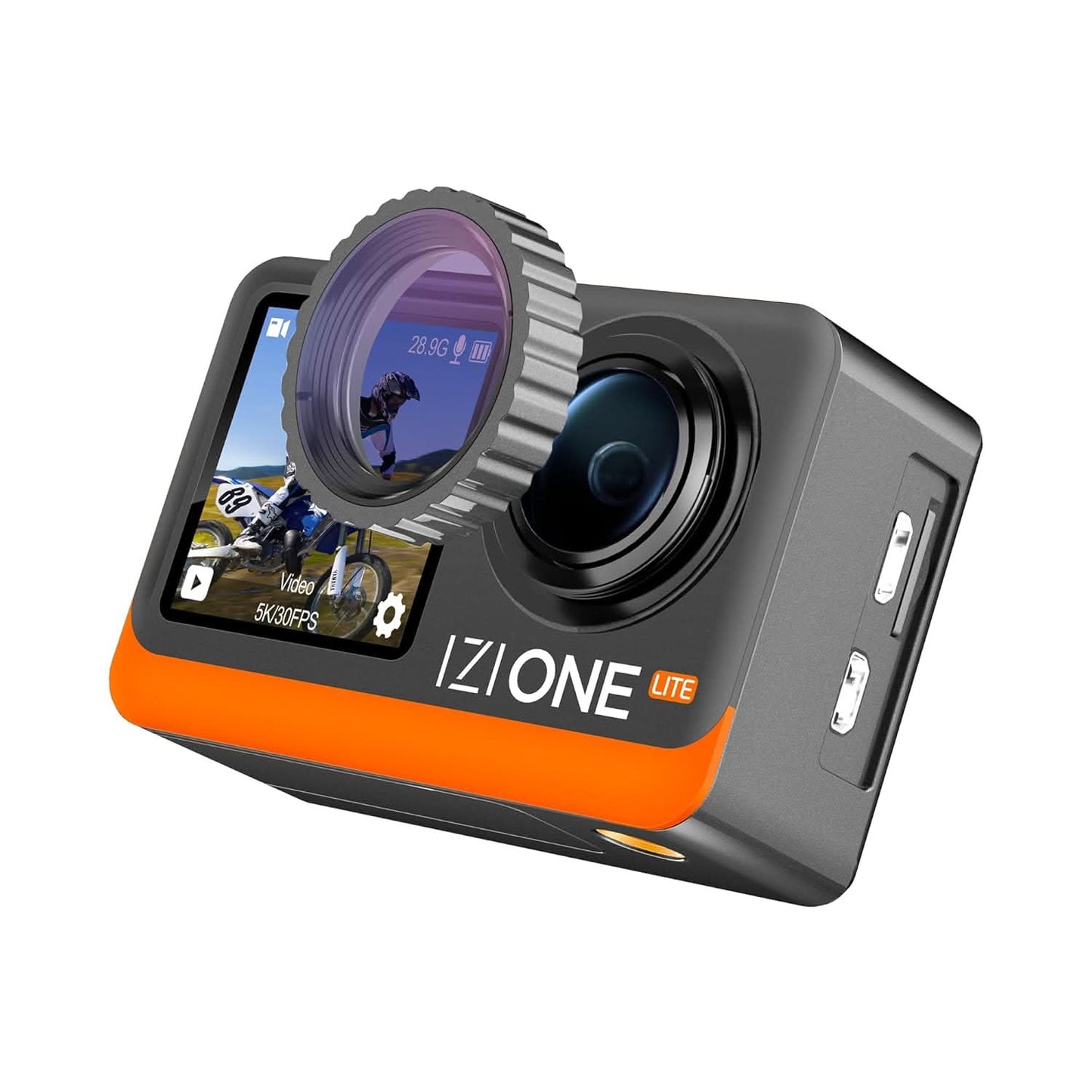 IZI One Lite 5K Action Camera 4K 60FPS 50MP Ultra HD Dual Screen EIS Stabilization 170 Wide Angle 30M Waterproof 2 Batteries 180 Min 18+ Accessories 256GB Support for Sports Bike Diving Vlog Travel