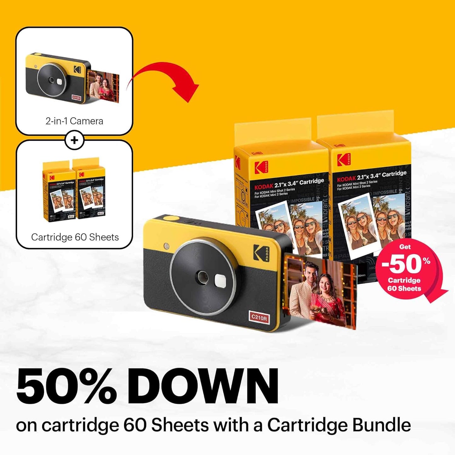 KODAK MINI SHOT 2 RETRO 4PASS 2-IN-1 INSTANT CAMERA AND PHOTO PRINTER (2.1X3.4 INCHES) + 68 SHEETS BUNDLE, YELLOW