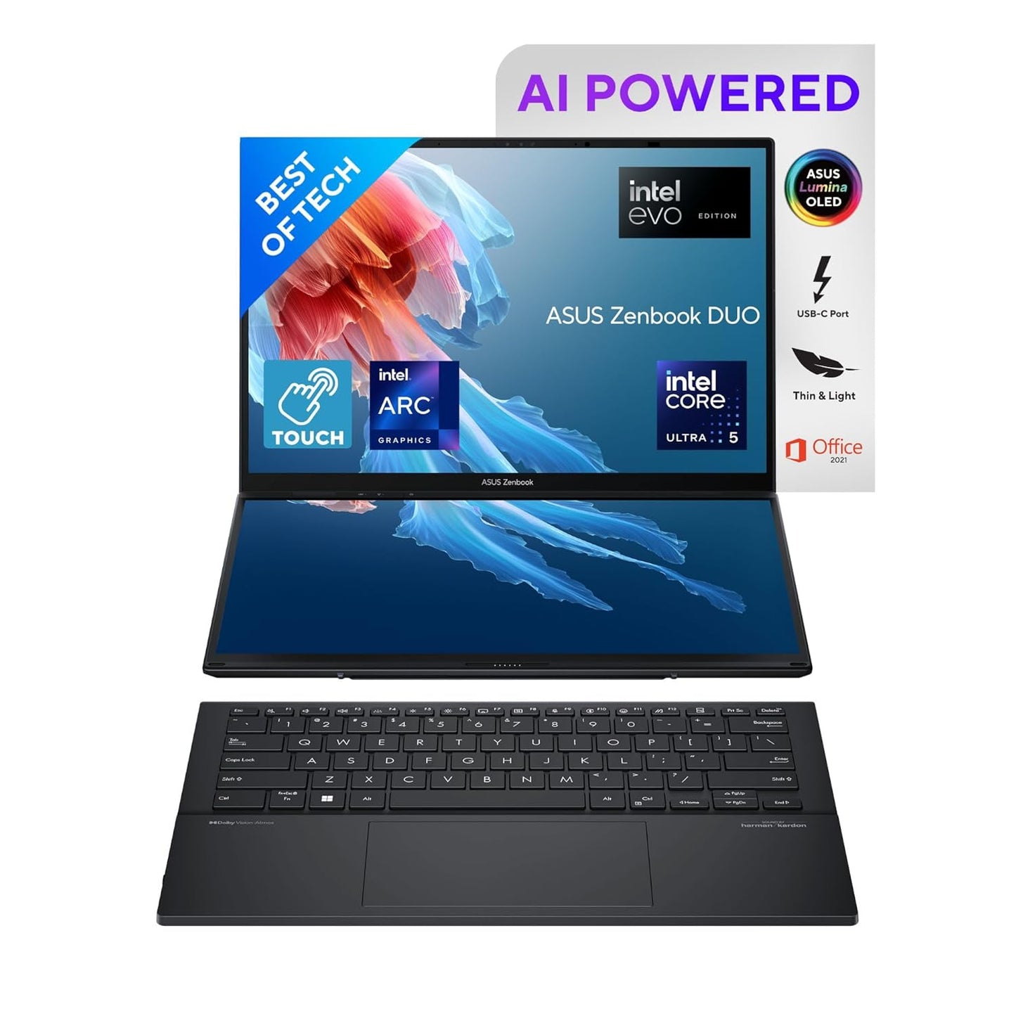 ASUS ZENBOOK DUO OLED (2024), 14" (35.56CM) FHD OLED TOUCH DISPLAY, INTEL CORE ULTRA 5 125H, BUILT-IN AI, DUAL SCREEN LAPTOP (16GB/1TB SSD/INTEL ARC GRAPHICS/WIN11/GRAY/1.65 KG), UX8406MA-QL551WS