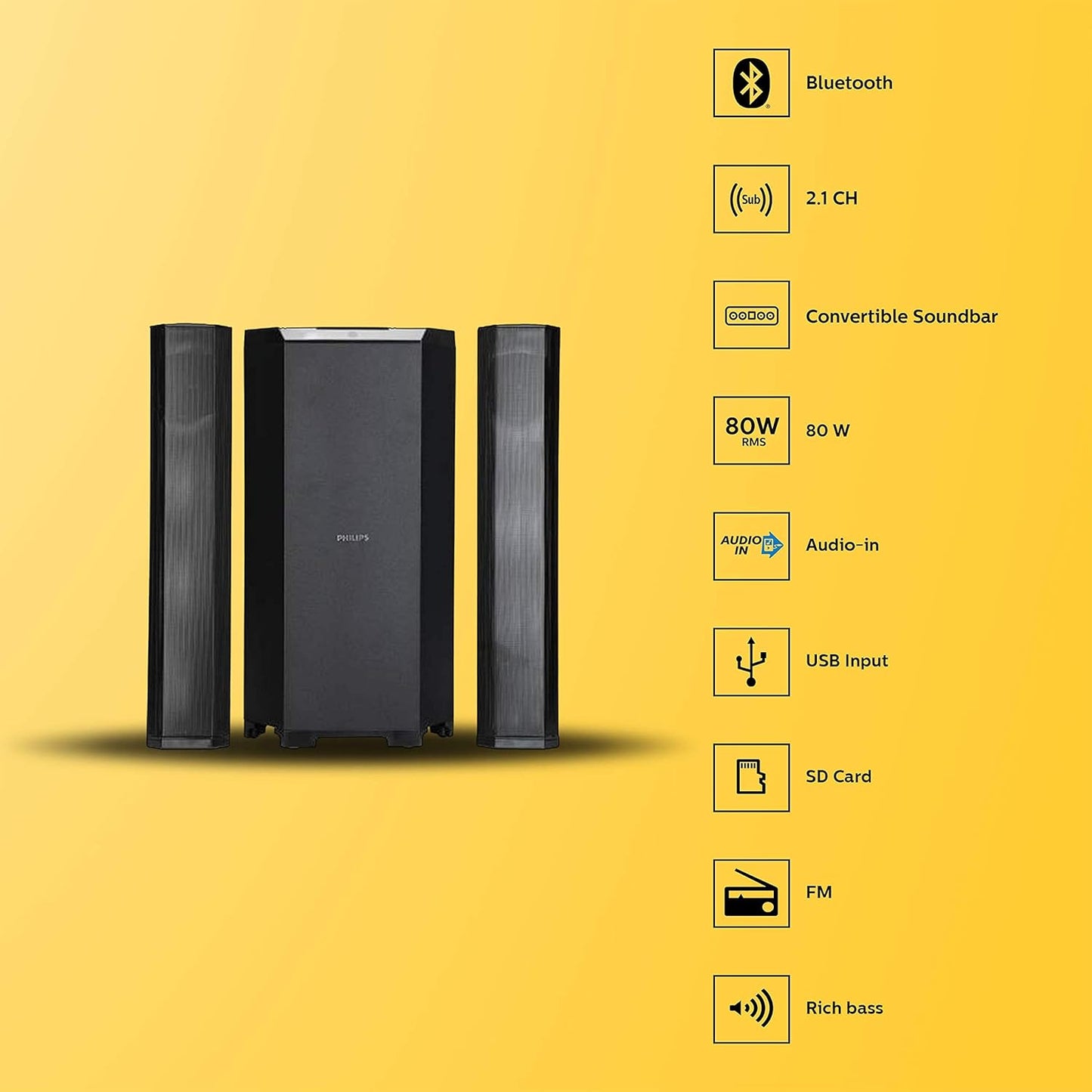 PHILIPS CONVERTIBLE SOUNDBAR MMS8085B, 2.1 CHANNEL WITH MULTIPOINT-CONNECTIVITY OPTION, USB IN, BLUETOOTH CONNECTIVITY 80 WATT, SUPERIOR SOUND, RICH BASS (BLACK)