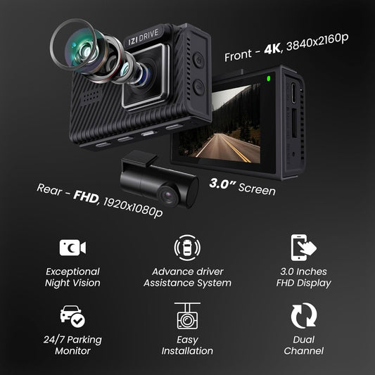 IZI Drive Plus+ 4K Dual Channel Dash Camera with GPS, 3inch HD Screen, 170 Wide Angle, Night Vision, G-Sensor, WiFi, ADAS, Emergency Recording, Made for Indian Roads, Optional Car Parking Monitor