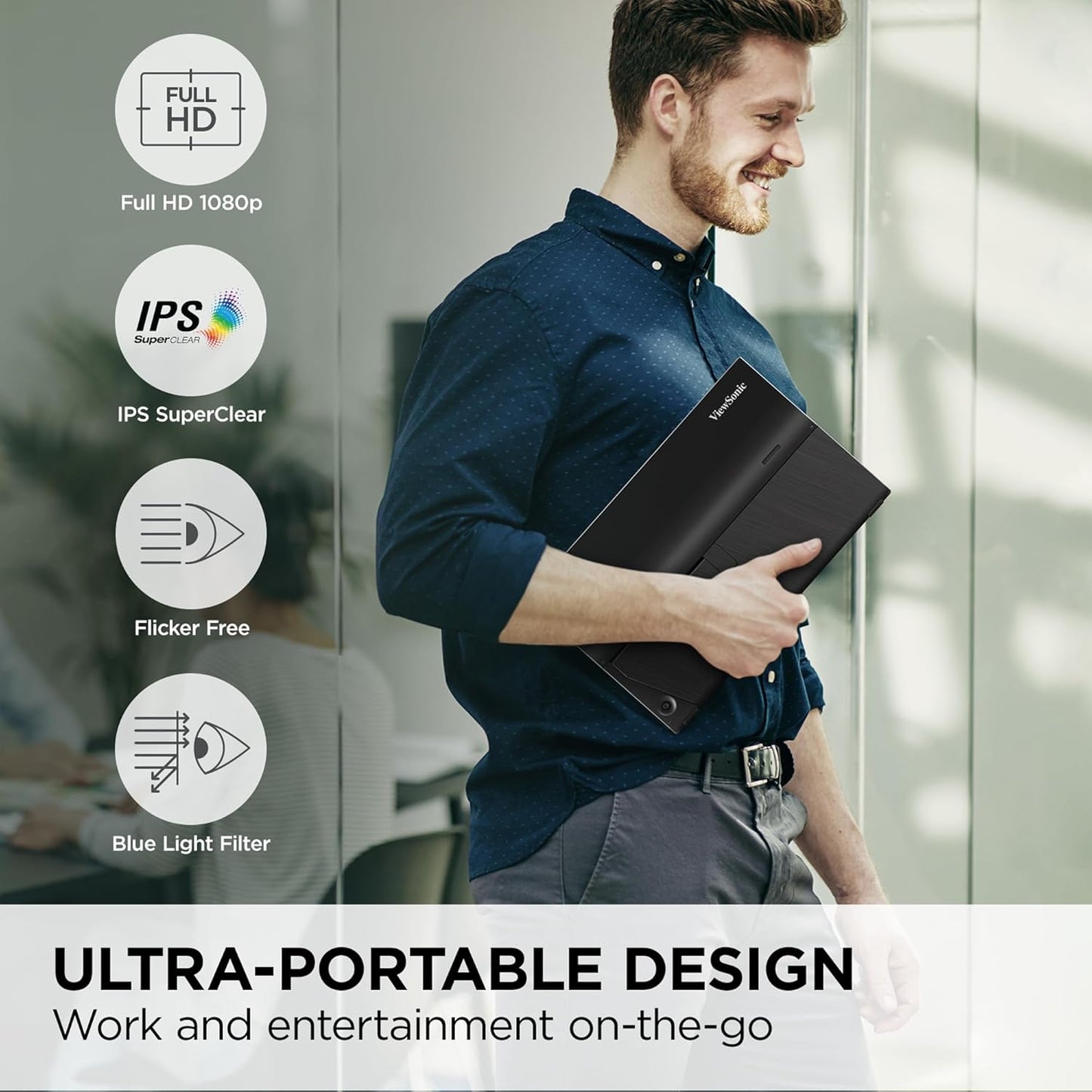 ViewSonic 40.64 Cm (16") FHD Portable Monitor for Multitasking Laptop Second screen | IPS | 2-Type-C | 60W Charge Back | Mini HDMI | Speaker | 680Grms | 9.85mm | Pivot-able Display |Kick Stand |VA1655