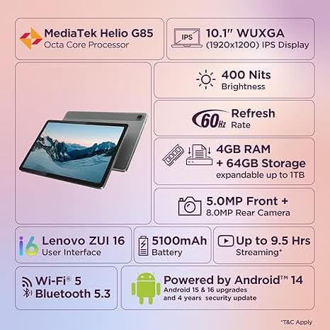 Lenovo MediaTek Helio G85 Octa Core, 4GB Ram, 64GB Storage, WIFI, 10.1 INCH ZAEH0033IN