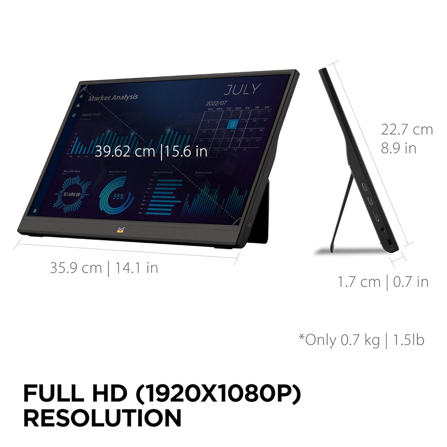 ViewSonic 40.64 Cm (16") FHD Portable Monitor for Multitasking Laptop Second screen | IPS | 2-Type-C | 60W Charge Back | Mini HDMI | Speaker | 680Grms | 9.85mm | Pivot-able Display |Kick Stand |VA1655