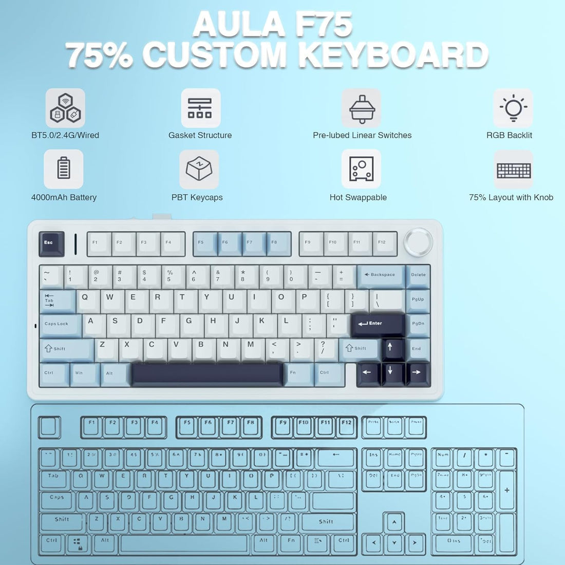 AULA F75 ICE BLUE PLUS ICE VEIN SWITCH MECHANICAL GAMING KEYBOARD