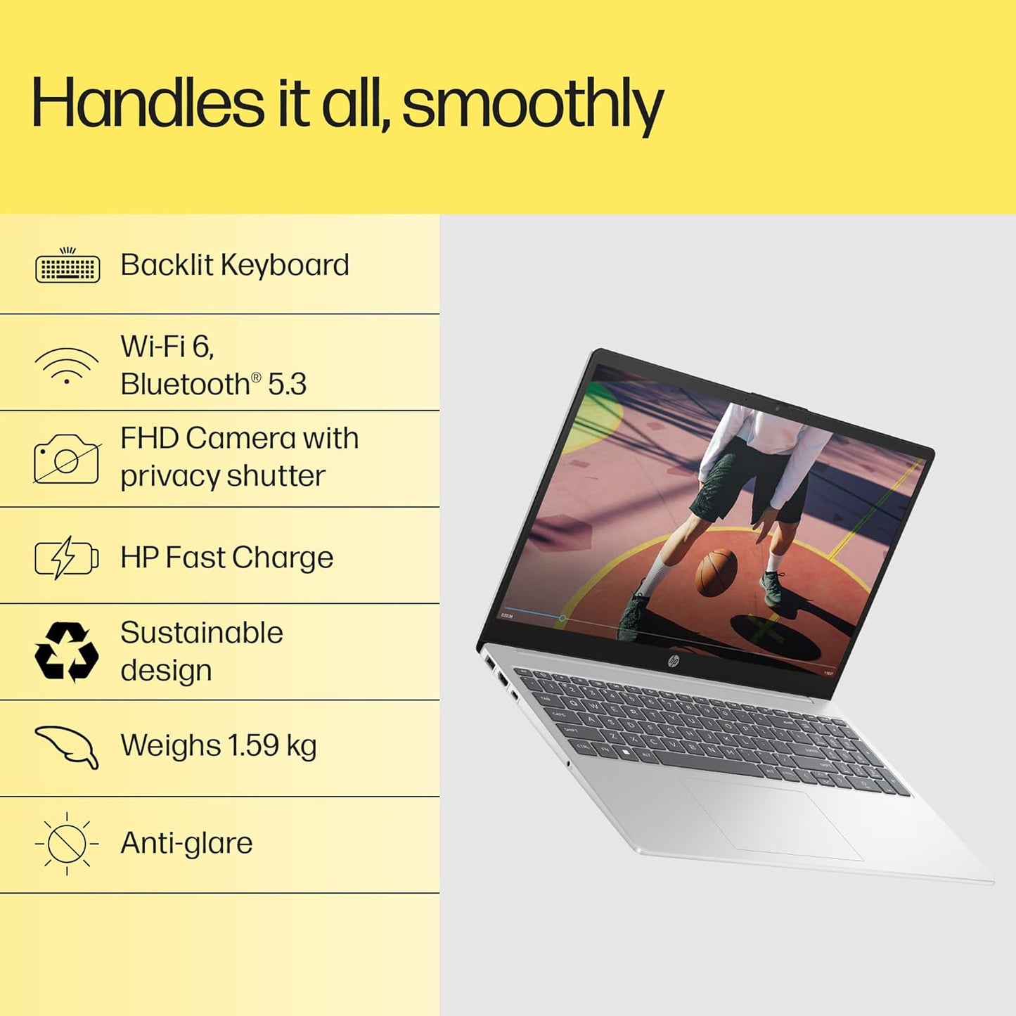 HP 15, AMD RYZEN 5 7530U (16GB DDR4, 512GB SSD) FHD, ANTI-GLARE, MICRO-EDGE,15.6''/39.6CM, WIN11, M365 BASIC(1YR)* OFFICE24, SILVER,1.59KG, FC0389AU, AMD RADEON, FHD CAMERA W/SHUTTER, BACKLIT LAPTOP