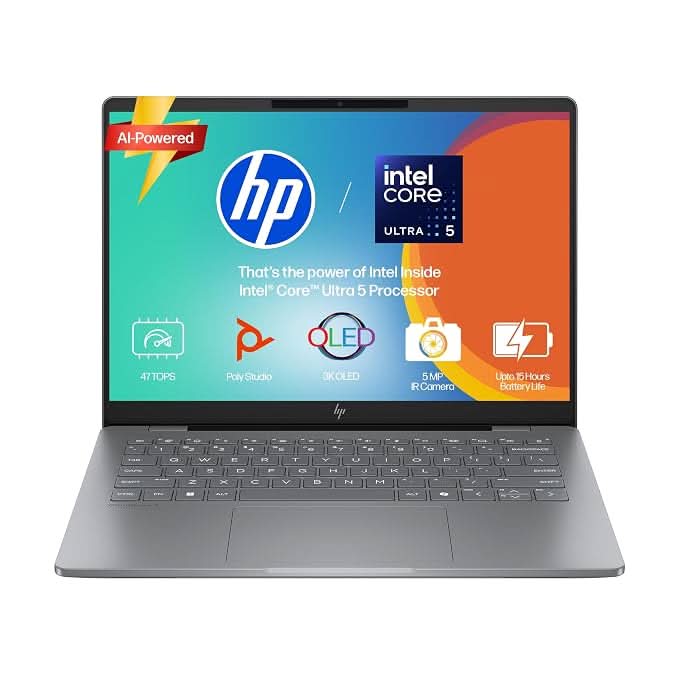 HP OmniBook 7 OLED (Previously Pavilion Plus) Intel Core Ultra 5 255H (16GB LPDDR5,1TB SSD) 3K, 0.2 ms, 14 Inch/35.6cm, Win11, M365, Office24, Meteor Silver,1.5kg, fr0789TU, 5MP Camera, Backlit AI Laptop