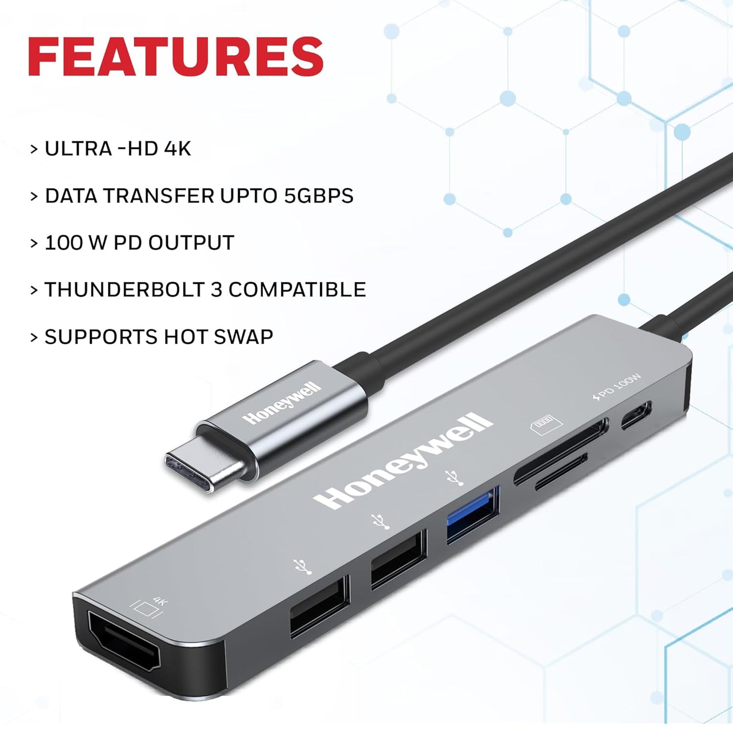 HONEYWELL NEWLY LAUNCHED 7-IN-1 TYPEC DOCKING STATION WITH 4K HDMI,1XUSB 3.0,2XUSB 2.0 & TYPEC 3.0 PD CHARGING 100W PORT, SD & MICRO SD SLOT, FOR ALL TYPE C DEVICES- MACBOOK LAPTOP, PC, THUNDERBOLT 3