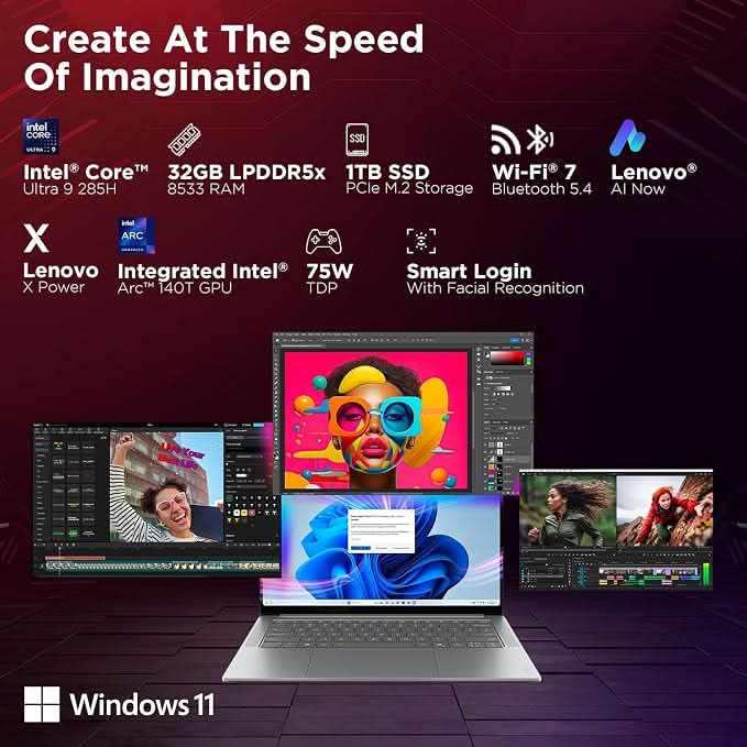 Lenovo Yoga Pro 7 Aura Edition Intel Evo Core Ultra 9 285H (32GB RAM/1TB SSD/14.5 Inch (36.8cm)/3K OLED Touchscreen/AI PC/Copilot+ PC/Windows 11/Office Home 2024 AI Now/Grey/1.5Kg), 83KF004CIN