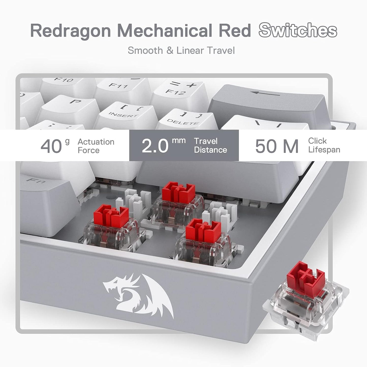 REDRAGON K617 FIZZ 60% WIRED RGB GAMING KEYBOARD, 61 KEYS COMPACT MECHANICAL KEYBOARD W/WHITE AND GREY COLOR KEYCAPS, LINEAR RED SWITCH