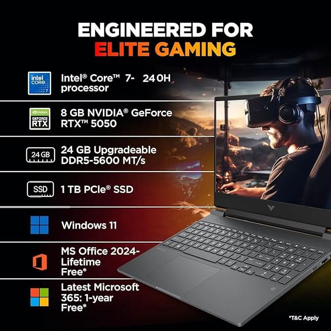 HP Victus, Intel Core 7 240H, 8GB RTX 5050, 24GB DDR5(Upgradeable) 1TB SSD, FHD, 144Hz, 300 nits, IPS, 15.6''/39.6cm, Win11, M365 Office24, Mica Silver, 2.29kg, fa2409TX, RGB Backlit, Gaming Laptop