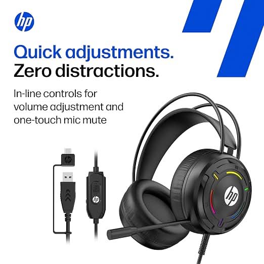 HP G370 Wired Gaming Headset, 360 Degree Omnidirectional Noise-Canceling Microphone, RGB Lighting, Multi-Platform Compatibility