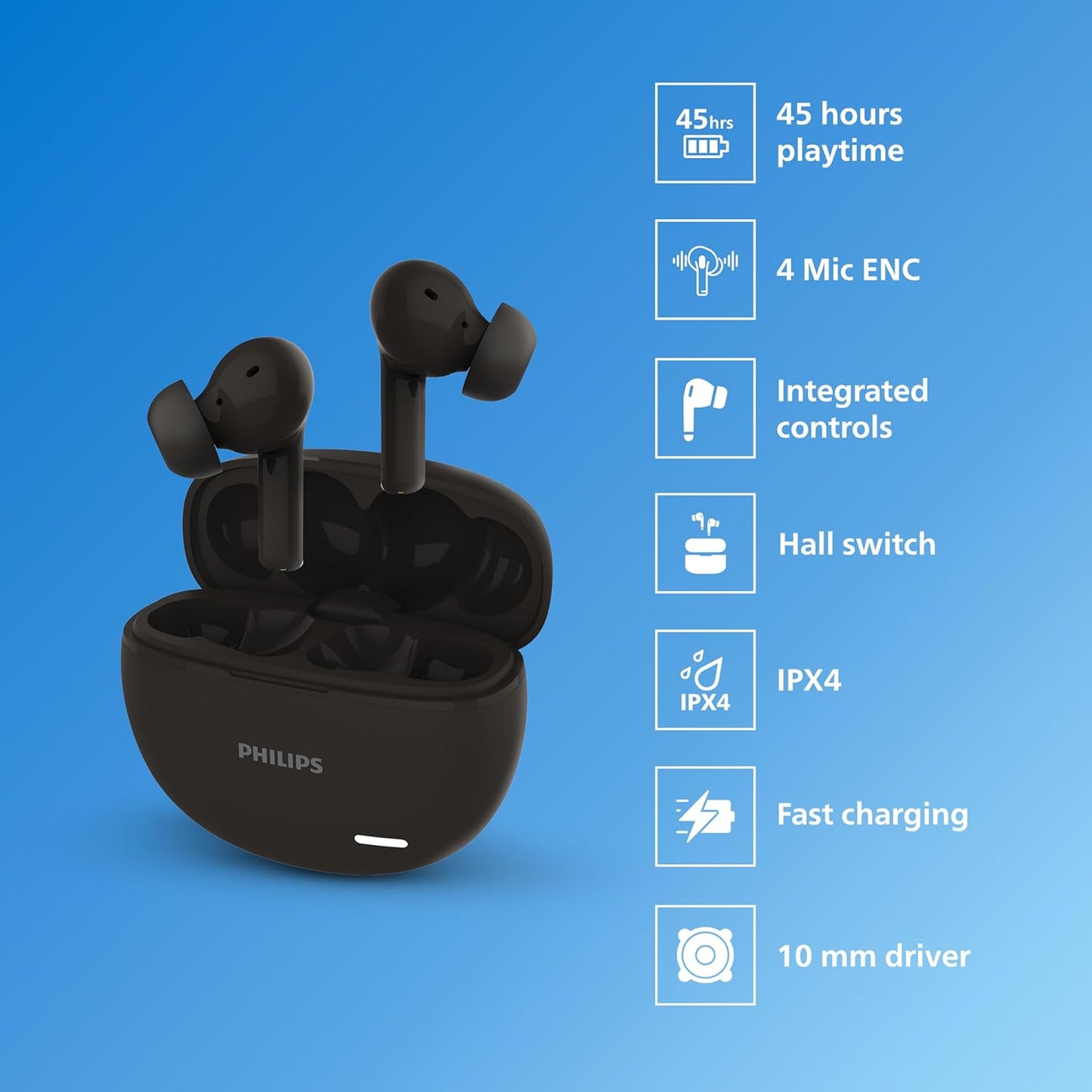 PHILIPS AUDIO TAT1179BK/94 TRUE WIRELESS IN EAR EARBUDS WITH POCKET SIZED CHARGING CASE, PLAY TIME UPTO 45HRS, 10MM DYNAMIC DRIVERS, INBUILT MIC, IPX4 SPLASH & SWEAT RESISTANT (BLACK)
