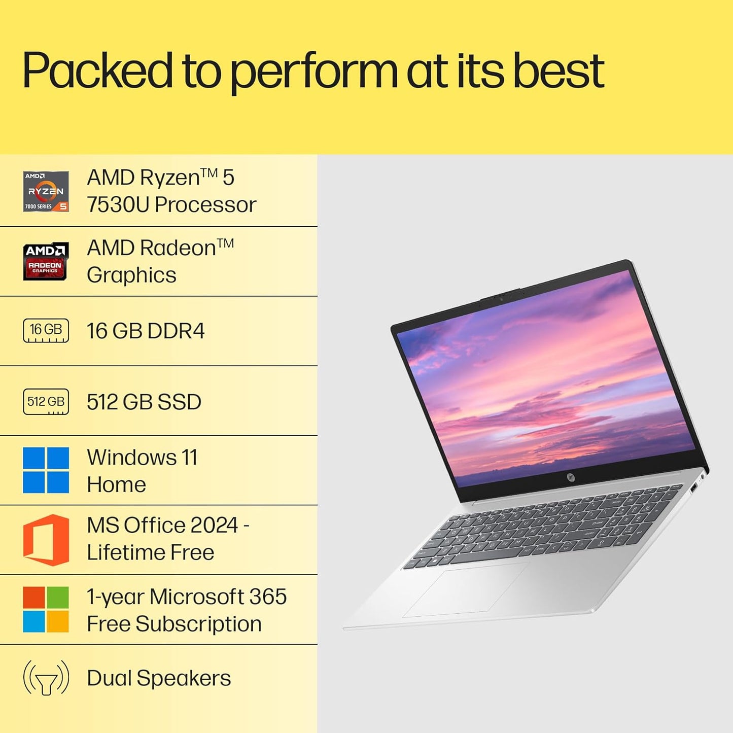 HP 15, AMD Ryzen 5 7530U (16GB DDR4, 512GB SSD) FHD, Anti-Glare, Micro-Edge,15.6''/39.6cm, Win11, M365 Basic(1yr)* Office24, Silver,1.59kg, fc0389AU, AMD Radeon, FHD Camera w/Shutter, Backlit Laptop