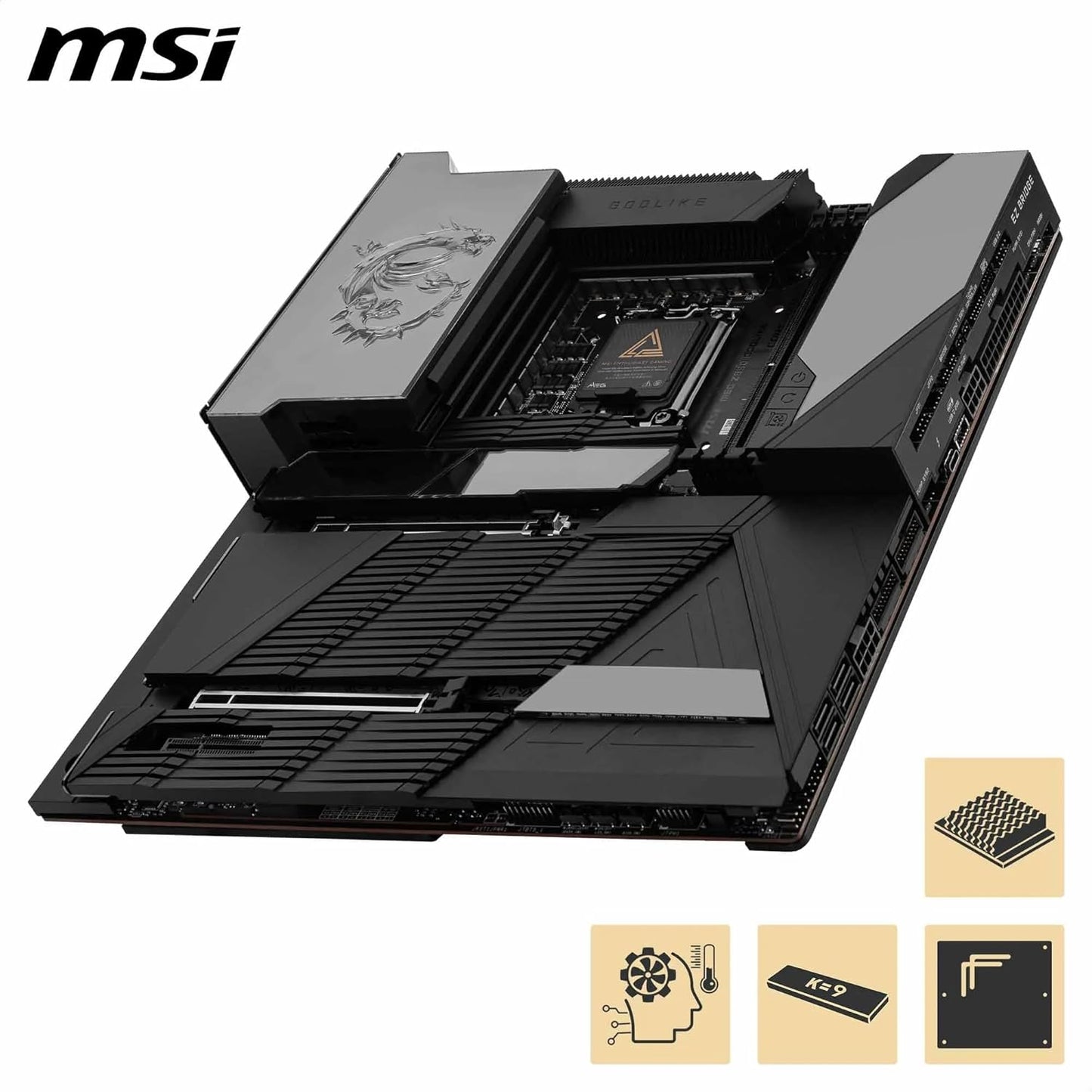 MSI MEG X870E GODLIKE, E-ATX - SUPPORTS AMD RYZEN 9000/8000/7000 PROCESSORS, AM5 - DYNAMIC DASHBOARD III, EZ SLIDE M.2, 110A SPS, DDR5 MEMORY (9000+ MT/S OC), M.2 & PCIE 5.0, USB4, WI-FI 7, 10G LAN