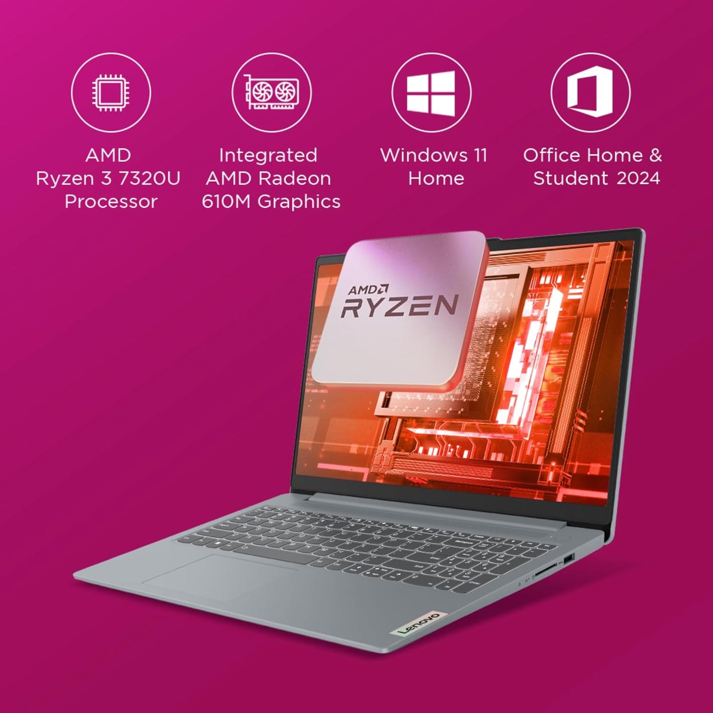 Lenovo IdeaPad Slim 3 Ryzen 3 7320U 15.6" (39.6cm) FHD Thin and Light Laptop (8GB RAM/512GB SSD/Integrated AMD Radeon 610M Graphics/Windows 11/Office Home 2024/Grey/1.6Kg), 82XQ00MDIN