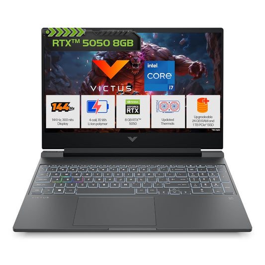 HP Victus, 13th Gen Intel Core i7-13620H, 8GB RTX 5050 (Upgradeable 24GB DDR5, 1TB SSD) FHD, 144Hz, IPS, 300nits, 15.6''/39.6cm, Win11, M365*Office24, Mica Silver, 2.29kg, fa2309TX, RGB, Gaming Laptop