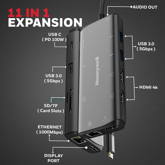 HONEYWELL 11-IN-1 TYPEC MULTIPORT DOCK WITH DUAL 4K HDMI,DP,RJ45 ETHERNET PORT,2XUSB 3.0 & TYPEC 3.0,3.5 MM AUDIO PORTS,SD & MICROSD SLOT,COMPATIBLE WITH ALL TYPEC DEVICES- WINDOWS,MAC