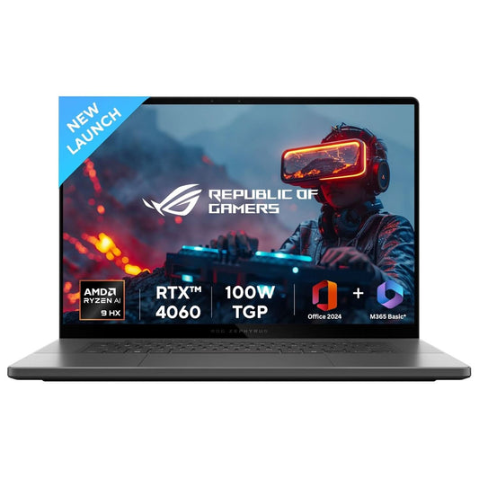 ASUS ROG Zephyrus G16,AMD Ryzen AI 9 HX 370 Gaming Laptop(NVIDIA RTX 4060-8GB/100W TGP/16GB/1TB/2.5K QHD+/16 inch/240Hz/Windows 11/M365 Basic (1Year)*/Office Home 2024/Eclipse Gray/1.85 Kg)GA605WV-QP478WS