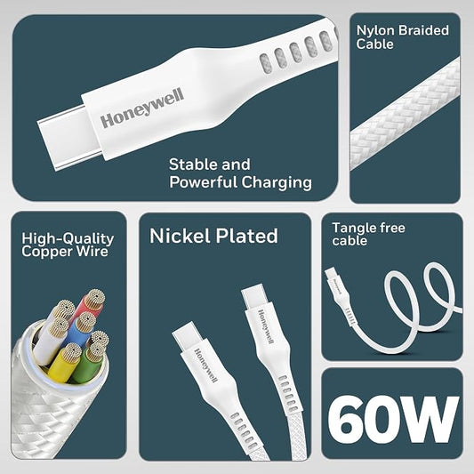 Honeywell USB Type C to Type C Cable, 4 Feet (1.2M), PD 60W, QC 3.0, Fast Charging, Nylon Braided Cable for Apple Devices, Smartphones, Laptops, Power Banks, Tablets, Headphones, Speakers White