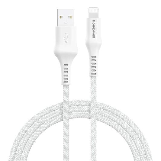 Honeywell USB A to Lightning, 4 Feet (1.2M), Nylon Braided Cable, MFI-certified, QC3.0, 2.4 A Max Output, Fast Charge & Sync Cable for iPhone, iPad, AirPods White