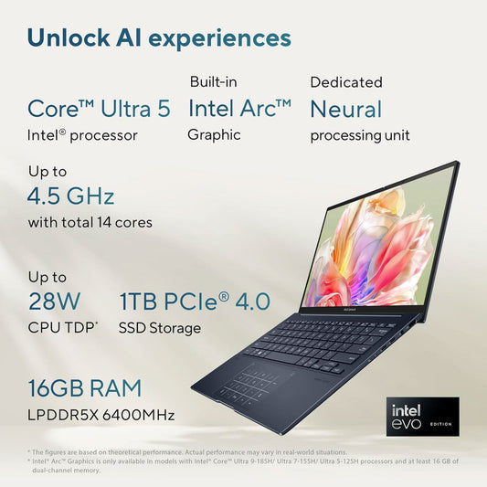 ASUS Zenbook 14, Intel Core Ultra 5, 16GB RAM, 1TB SSD, 3K OLED 16:10 120Hz, 14 inch, Windows 11, MSO 2021, Ponder Blue, 1.28KG, UX3405MA-PZ552WS, Built-inAI, Backlit, Touchscreen, 75WHr AI Powered Laptop