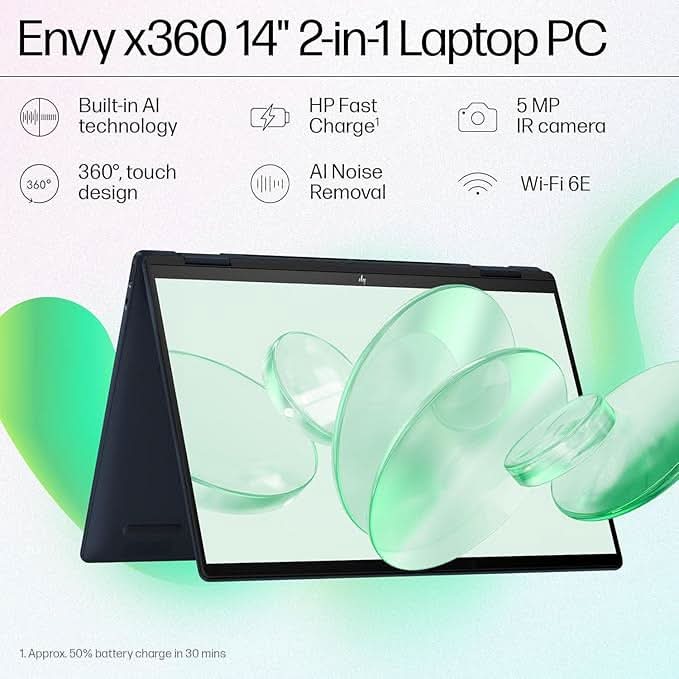 HP Envy x360 AI Laptop, Intel Core Ultra 5 125U, 12 TOPS, 16GB LPDDR5, 512GB SSD, (Win11, Office24, Blue, 1.44 kg) Touchscreen, 3K, OLED, 14-inch (35.6cm), Integrated graphics, 5MP IR camera, fc0178TU