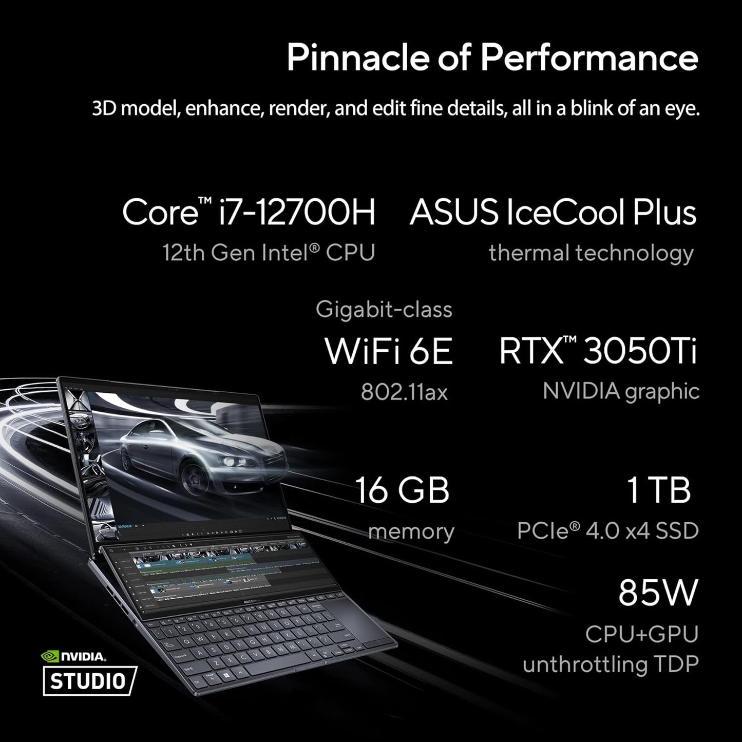 ASUS ZENBOOK PRO 14 DUO OLED (2022) DUAL SCREEN, 14.5" (36.83 CM) 2.8K OLED 120HZ TOUCH, CREATOR/GAMING LAPTOP, INTEL EVO CORE I7 12TH GEN, (16GB/1TB/4GB RTX 3050 TI/BLACK/1.75 KG), UX8402ZE-M711WS