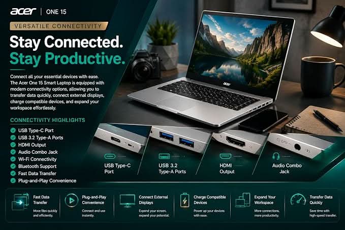 Acer One 15 Smart Laptop AO15-41M-G2, AMD Ryzen 3 7320U, AMD Radeon 610M Graphics, 8GB LPDDR5 RAM, 256GB NVMe SSD, 15.6 inch FHD Display, Windows 11 Home and MS Office, Silver