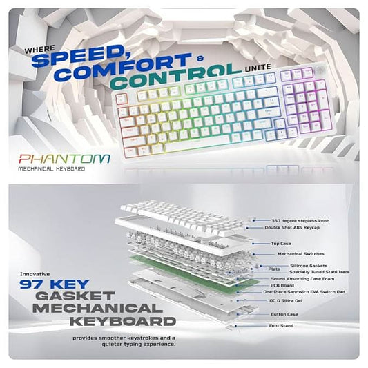 Cosmic Byte CB-GK-41 Phantom Gasket Mechanical RGB Wired Keyboard, Pre-Lubed Outemu Red Switches, 1000Hz Polling, Software, Per-Key RGB, Swappable Switches, Volume Roller, USB C Port (White)