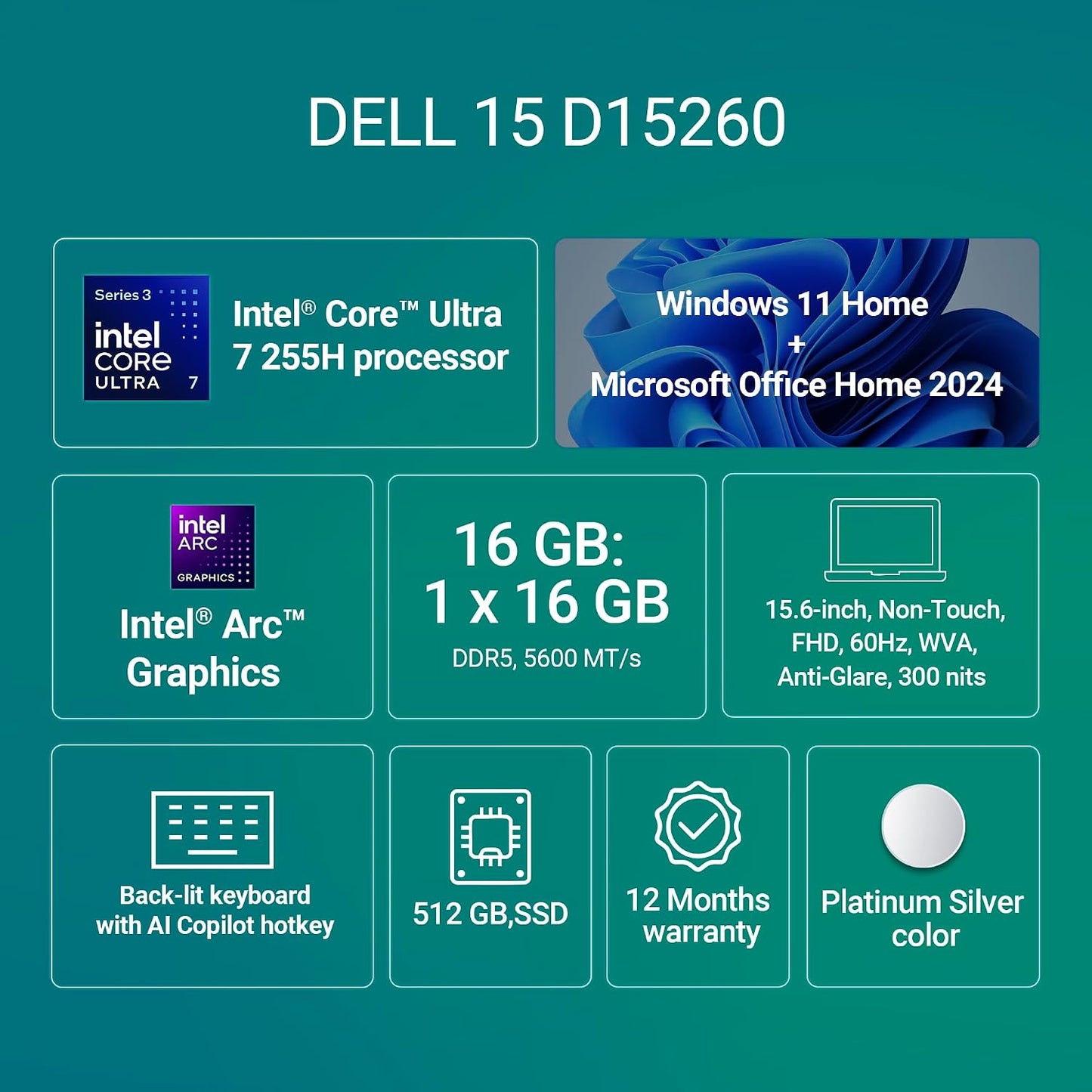 Dell 15 DC15260 15.6 Inch FHD Laptop, Intel Core Ultra 7 255H, 16GB RAM, 512GB SSD, Windows 11 Home, Microsoft Office 2024, Silver
