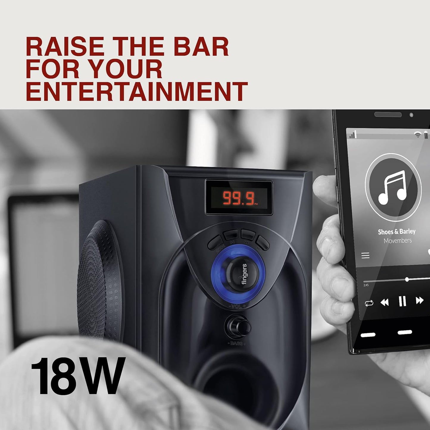 FINGERS CHALLENGER WOOD ENCASED MULTIMEDIA 2.1 SPEAKER (18 W STEREO POWERFUL BASS | BLUETOOTH