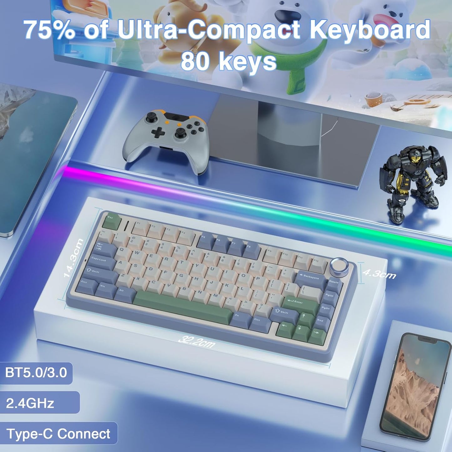 AULA F75 WIRELESS MECHANICAL KEYBOARD MAX GRADIENT GRAY REAPER SWITCH
