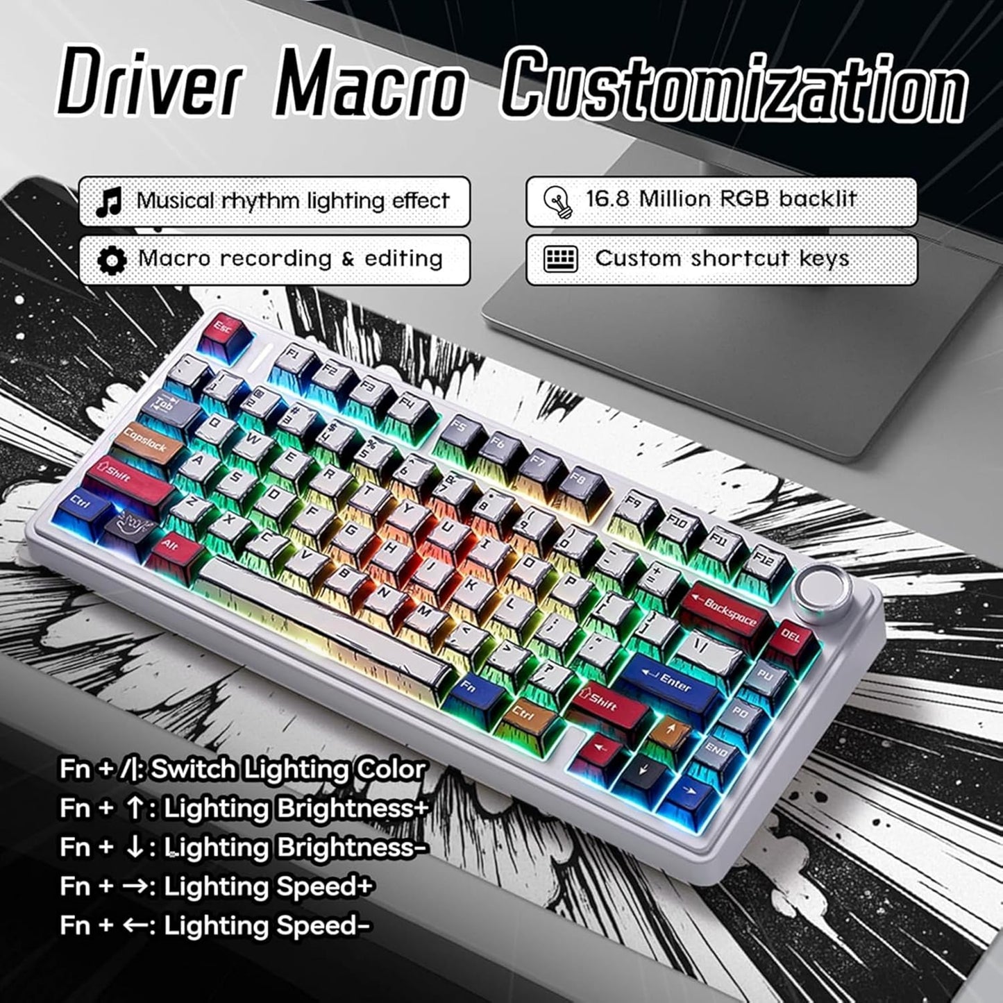 Aula F75 75% Wireless RGB Backlit Tri-Mode Gaming Mechanical Keyboard with Knob | 80 Keys Compact Keyboard, Pre-lubed Gasket Hot-Swappable | Bluetooth/2.4GHz/Type-C | Comic Keycap - Reaper Switches