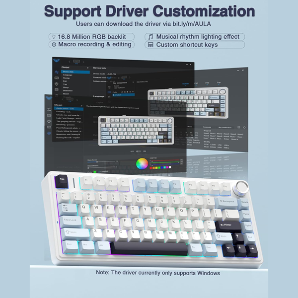AULA F75 75% Wireless Mechanical Keyboard | Hot Swappable | Pre-lubed Linear Switches | RGB Backlit | 2.4GHz/Type-C/Bluetooth Gaming Keyboard (Ice Blue, Ice Vein Switch)
