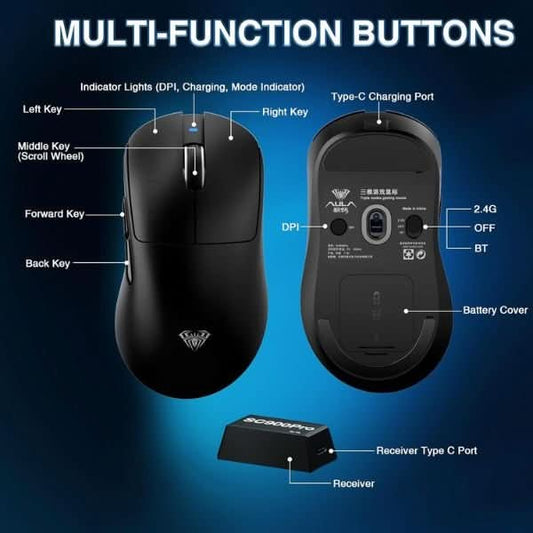 AULA SC900Pro Tri-Mode Wireless Gaming Mouse, PAW3395 Sensor, 26000 DPI, 8KHz Polling Rate, 62g, Black