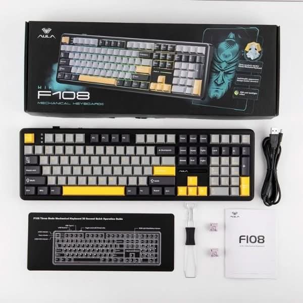AULA F108 Tri-Mode Wireless Mechanical Gaming Keyboard, Grey and Yellow, Volcanic Axis Linear Switch, RGB, Hot-Swappable, Full Size