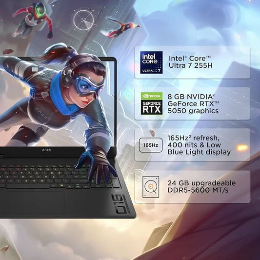 HP OMEN 16-am0240TX Gaming Laptop, Intel Core Ultra 7 255H, 24GB RAM, 1TB SSD, GeForce RTX 5050 8GB, Windows 11, Microsoft Office 2024, Black