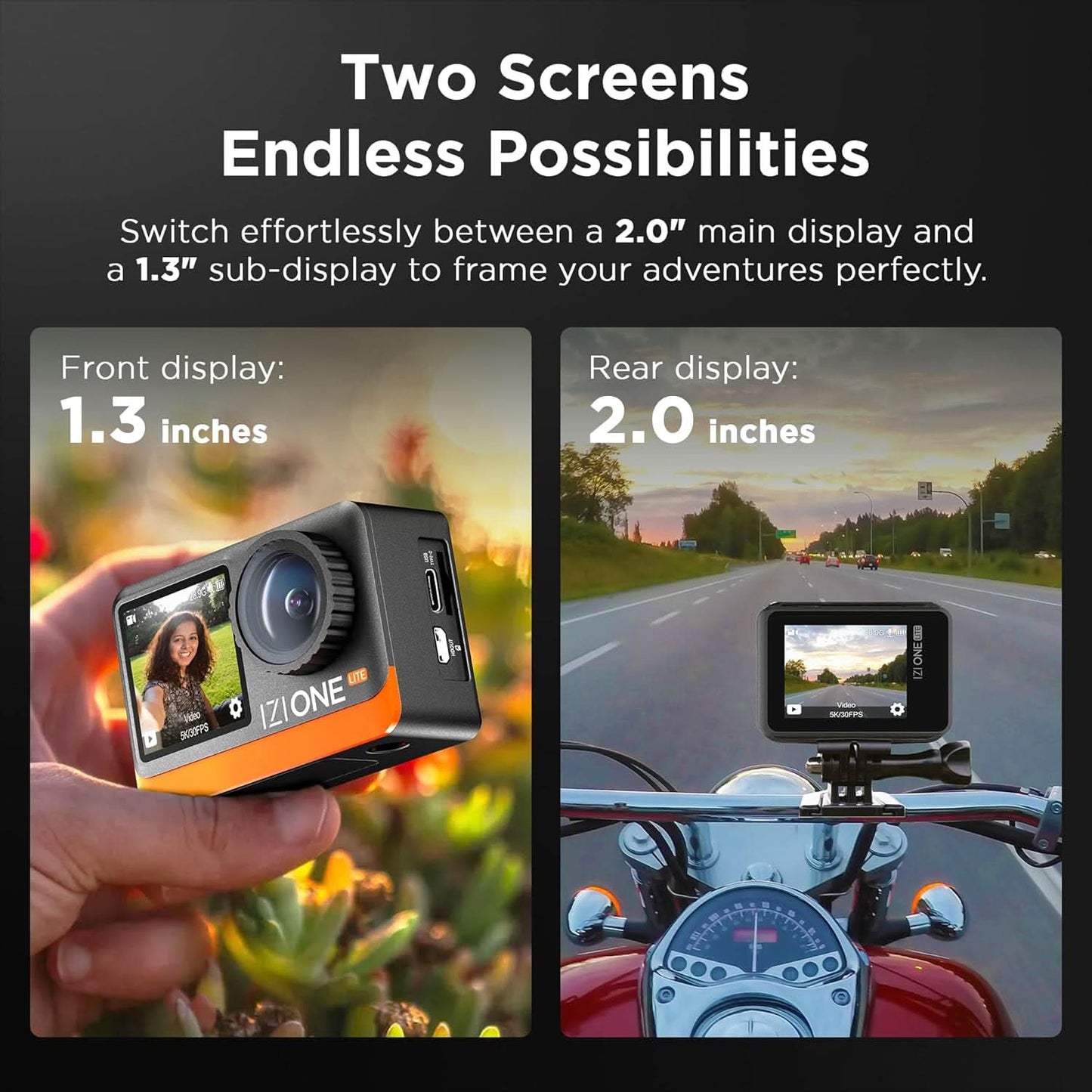 IZI One Lite 5K Action Camera 4K 60FPS 50MP Ultra HD Dual Screen EIS Stabilization 170 Wide Angle 30M Waterproof 2 Batteries 180 Min 18+ Accessories 256GB Support for Sports Bike Diving Vlog Travel