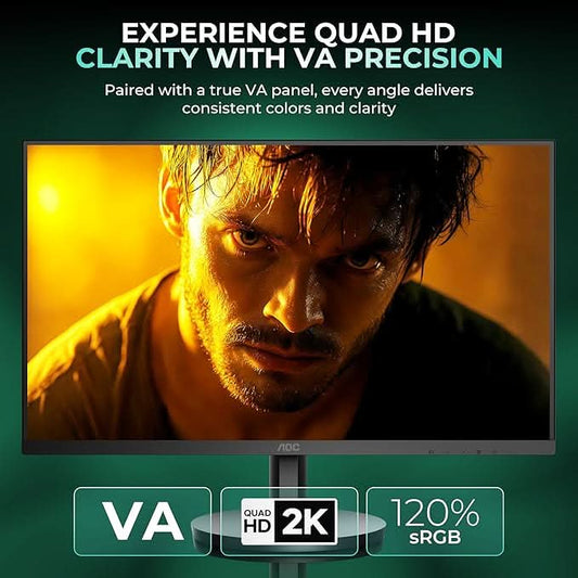AOC 27 VA, QHD 2560 x 1440, 100 Hz, 250 cd/m², 4 ms, HDMI 2.0 x 1, DP 1.2 x1, NTSC 99% / sRGB 120%