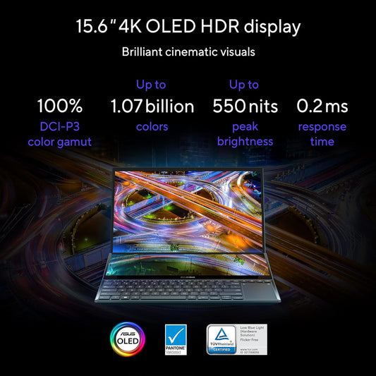 ASUS ZENBOOK PRO DUO 15 OLED (2022),15.6"(39.62 CMS) 4K OLED TOUCH,INTEL CORE I7-12700H 12TH GEN,DUAL SCREEN LAPTOP(32GB/1TB SSD/6GB GEFORCE RTX 3060/WINDOWS 11/OFFICE 2021/BLUE/2.3 KG),UX582ZM-H701WS