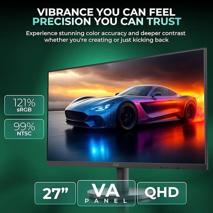 AOC 27 VA, QHD 2560 x 1440, 100 Hz, 250 cd/m², 4 ms, HDMI 2.0 x 1, DP 1.2 x1, NTSC 99% / sRGB 120%