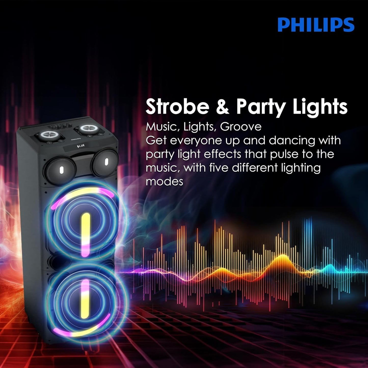 PHILIPS AUDIO NEWLY LAUNCHED TAX5708 BLUETOOTH PARTY SPEAKER, 400W MAX OUTPUT - DYNAMIC BASS BOOST & KARAOKE | GUITAR & MIC SUPPORT, MULTIPOINT CONNECTIVITY, PARTY LIGHTS & HANDLE WITH WHEELS (BLACK)