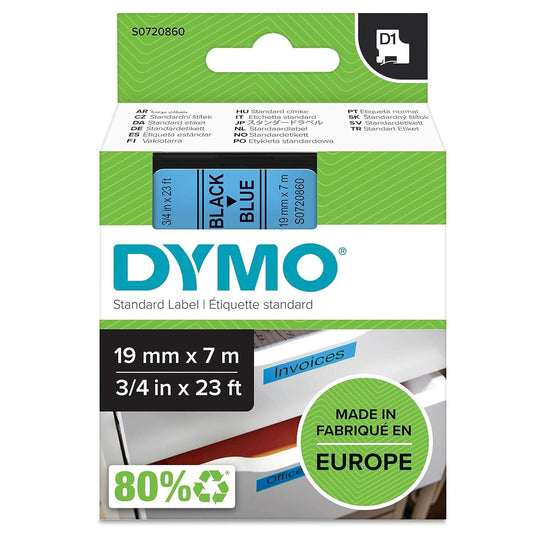 DYMO Authentic D1 Labels, Black Print on Blue Tape, 19mm x 7m, Self-Adhesive Labels for LabelManager & MobileLabeler Label Printers