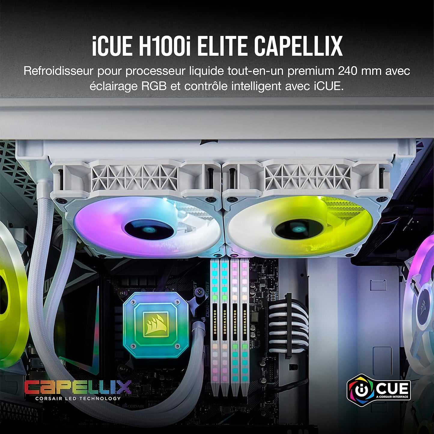 CORSAIR ICUE H100I ELITE CAPELLIX WHITE, 240MM RADIATOR, DUAL 120MM ML SERIES PWM FANS, RGB LIGHTING AND FAN CONTROL WITH SOFTWARE, LIQUID CPU COOLER