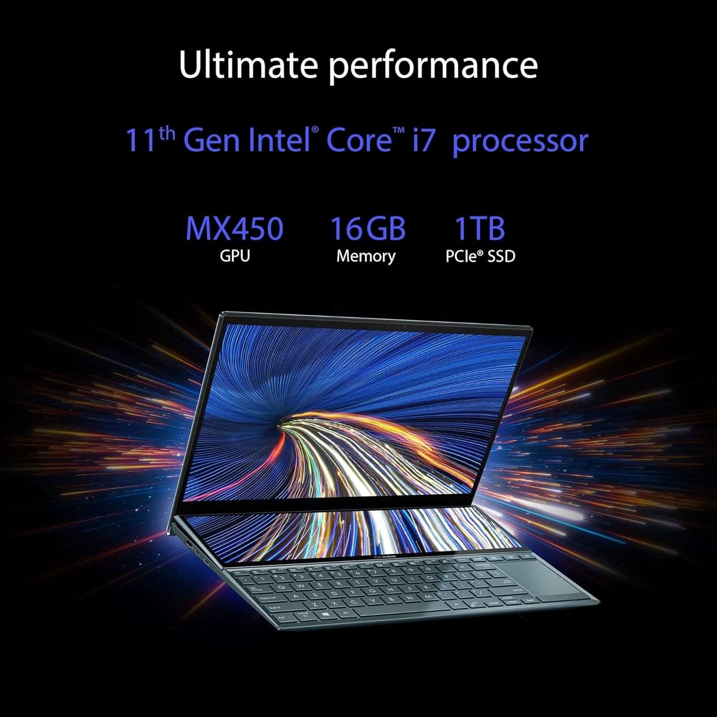 ASUS ZenBook Duo 14 (2021) Dual Screen Laptop, 14 inch (35.56 cm) FHD, Intel Core i7-1165G7 11th Gen, (16GB/1TBSSD/Windows 11/Office 2021/2GB NVIDIA GeForce MX450 Graphics/Blue/1.62 Kg), UX482EG-KA711WS