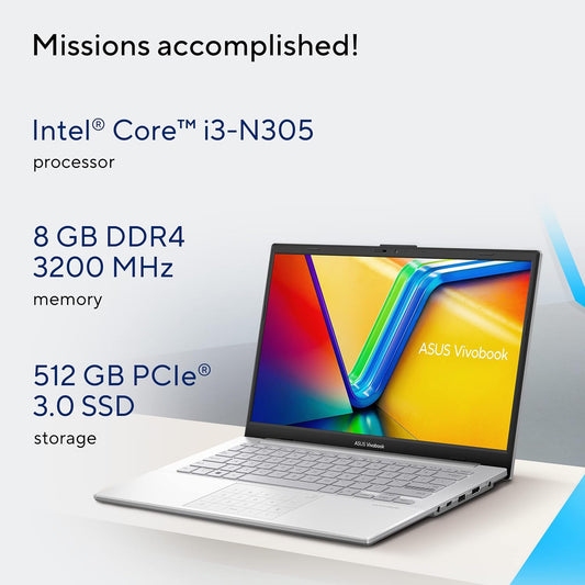 ASUS VIVOBOOK GO 14 2023, INTEL CORE I3-N305, 14" (35.56 CMS) FHD, THIN & LIGHT LAPTOP (8GB/512GB SSD/WIN11/OFFICE 2021/42WHR/COOL SILVER/1.38 KG), E1404GA-NK321WS