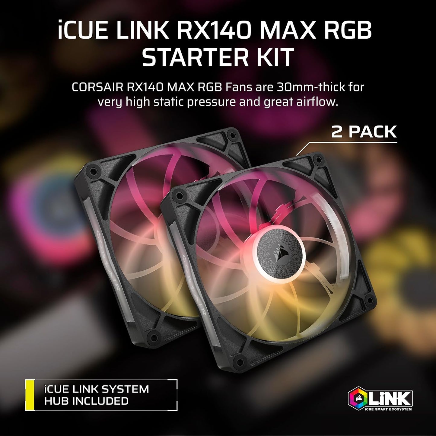 Corsair Fan RX RGB MAX Series, iCUE LINK RX140 RGB MAX, 140mm RGB Fan, Dual Fan Kit- CO-9051036-WW