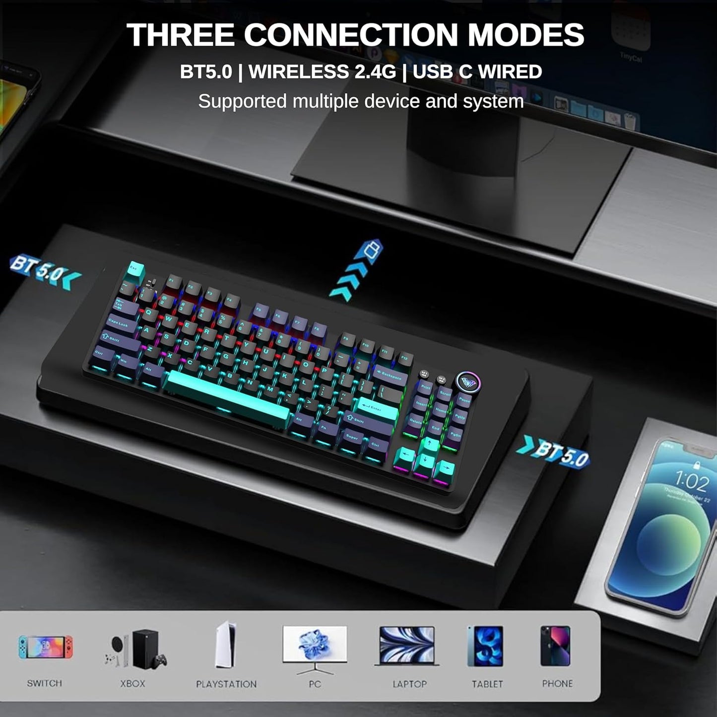 M75 TRI-MODE (2.4G/BLUETOOTH/WIRED) HOT SWAPPABLE RGB, BLUE+BLACK+GREEN